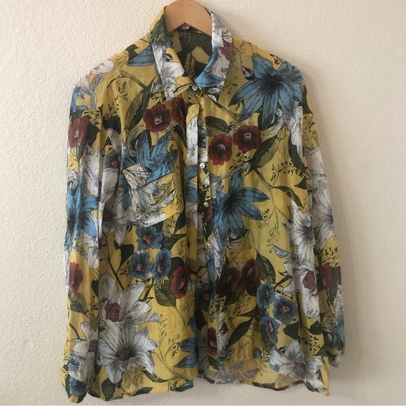 POL Oversized Floral Button Down Sheer Cotton Blouse in Yellow & Blue Size Large - Picture 1 of 9
